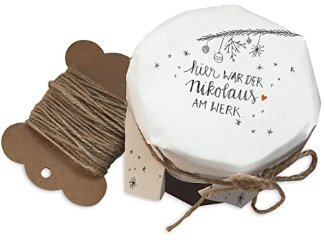 25 Marmeladendeckchen - Nikolaus am Werk - Gläserdeckchen weiß für Marmelade, Marmeladengläser & Einmachgläser, Recyclingpapier Abreißblock + 10 m Jute Garn + Justiergummi