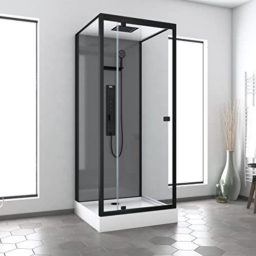 Cabina de ducha Hidromasaje 90x90x215 cm - Fondo gris y perfiles negro mate - GREY STYLE