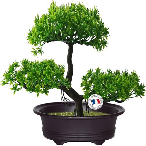 Bonsai Artificiale Realistico in Vaso Nero – Decorazione per Interni ed Esterni, Stile Giapponese, Pianta in Vaso per Arredo Casa, Ufficio, Bagno, Altezza 18x27 cm, Pianta Finta Verde (Nero)