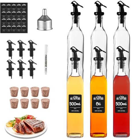 FNLLC Ölflasche,6Pcs Ölspender,500ml Fein Olivenöl Flasche,Essig und Ölflaschen Set,Lebensmittelechtem Bleifreiem Glas mit Trichter Etikette,Korken Öl Ausgießer,für Liköre und Essige