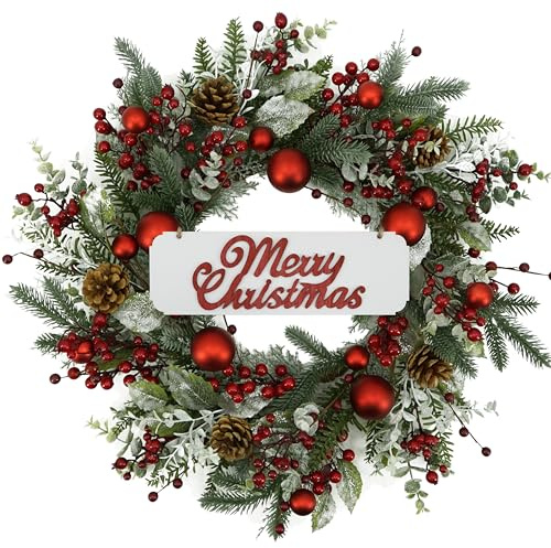 AMF0RESJ 20 inch Artificial Christmas Wreath Winter Wreath with red Ball,red Berry,Pine Needles for Indoor Outdoor Farmhouse Home Wall Window Festival Wedding Decor