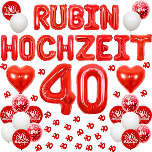 Cheereveal Rubinhochzeit Deko, 40. Hochzeitstag Dekorationen, Herz Folienballons, Rote Nummer 40 Konfetti, Alles Gute zum 40. Hochzeitstag Luftballons, Rubinhochzeit Deko für Paar Eltern