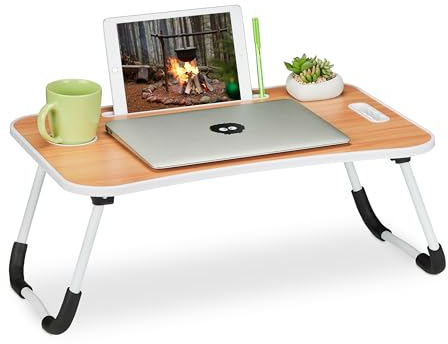 Relaxdays Laptoptisch für Bett & Couch, H x B x T: 26 x 63 x 40 cm, klappbarer Betttisch, Notebooktisch, Hellbraun/weiß