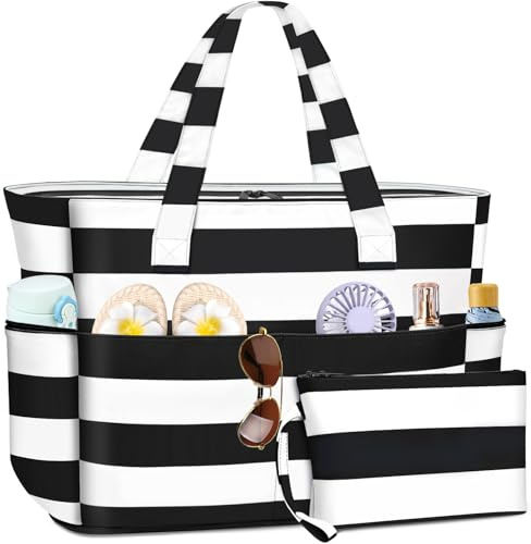 ENONEO Große Strandtasche mit Reißverschluss XXL Familie Strandtasche Damen Groß Shopper Tasche Beach Tote Bag Reisetasche Wasserdicht Saunatasche mit Nassfach & Schuhfach,55L (Schwarz)
