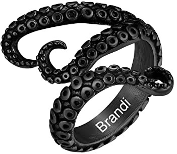 U7 Herren Schwarz Ring Fingerring Punk Wikinger Oktopus Ring mit Gravur Vintage Tiefsee Tintenfisch Tentakel Kraken Siegelring Bandring Rocker Schmuck für Valentinstag