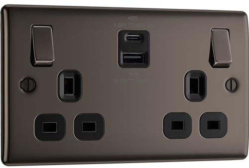 BG Electrical 45W Double Switched Power Wall Plug Socket with Super Fast Charge USB A & USB C Charging Ports, Nexus Metal, Black Nickel, 13A, NBN22UAC45B