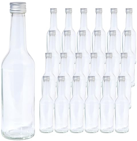Vitrea 24 leere Glasflaschen 350ml Schraubverschluss Silber - Flaschen zum Befüllen mit Deckel - für Saft, Getränke, Likör, Öl, Saucen - 24 Stück, PP28, Gradhals