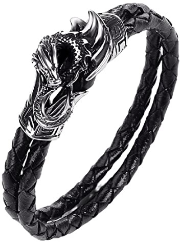 Bracelet Dragon pour Homme, Bracelet Ailes de Dragon pour Garçon, Bracelet jonc dragon viking, Bracelet manchette tête de dragon punk, Bracelet en cuir tressé Dragon ailé bijoux Dragon