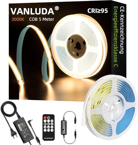 VANLUDA COB LED Streifen 3000K warmweiß,5m dimmbares 24V flexibles COB LED Streifen Licht set, mit RF Fernbedienung, CRI95+ helles Unterbaulicht für Fernseher, DIY Dekoration