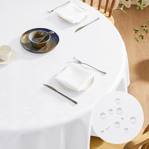 Softalker outdoortischdecken Rund 140 Weiß abwaschbar Wasserabweisend Jacquard-Wellenmuster Abwischbar Fleckschutz rundes Tischtuch für Frühling Draußen Party Geburtstag Silvester Hochzeit Ostern