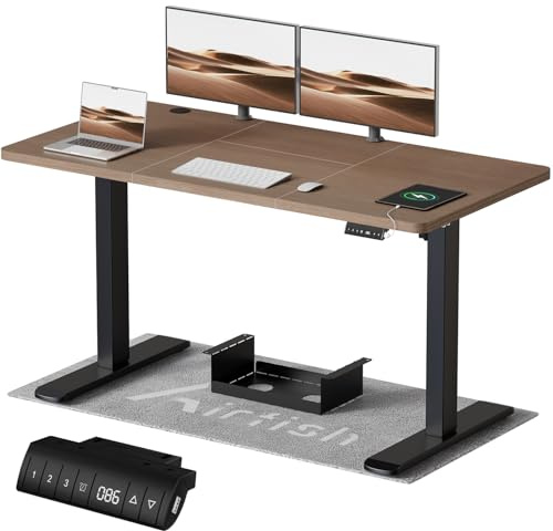 Airfish Höhenverstellbarer Schreibtisch mit USB-Buchse, Elektrisch Schreibtisch mit Kabelwanne, Computertisch, Bürotisch, Stehpult mit Erinnerung an sitzende Tätigkeiten, 160 x 80 cm, Nussbaum