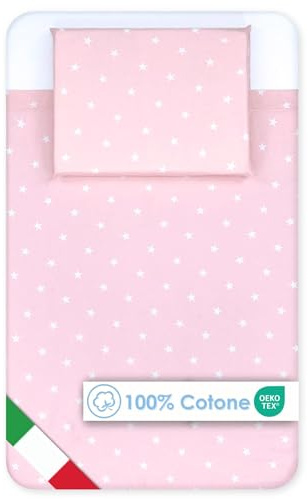baby idea Lenzuola Next To Me 3 Pezzi Compatibili Culla Neonato 83x50 Lenzuola culla Fantasia + Sotto con Angoli + Federa Cuscino 100% Cotone Certificato Oeko Tex Made in Italy (Stellina Rosa 3 Pz)