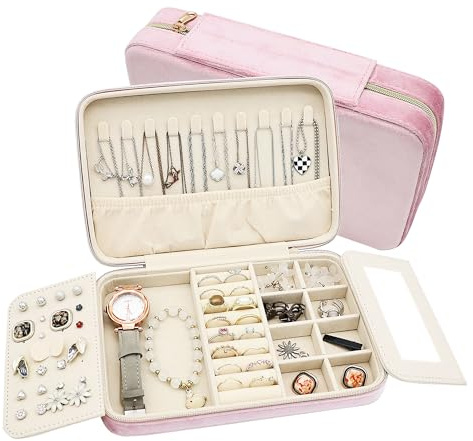 Boxudeli Reise-Schmuckkästchen, großes Schmucketui aus Samt, tragbarer kleiner Schmuck-Organizer für Ohrringe, Ringe, Halsketten, Armbänder, Reise-Schmuckaufbewahrungsbox für Frauen (Rosa)