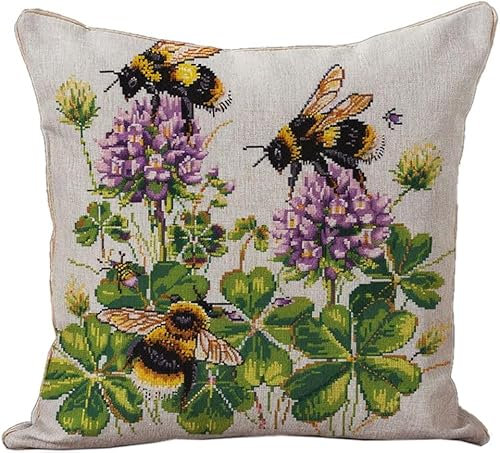AxiangziK 11CT Kreuzstich Kissen Set,Bienen auf Kleeblüten,Stickkissen zum Selbersticken Kreuzstich Kissen zum Basteln Stickkissen mit Vorgedruckt Kreuzstichmotiv,45x45cm
