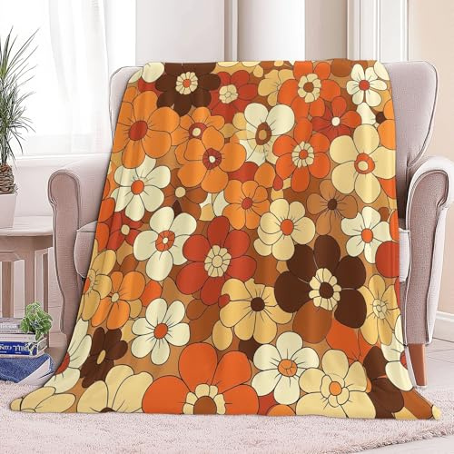 3D Druck Fleecedecke Retro-Blumen Flanelldecke Kuscheldecke Orange Farbe Weiche Warm Flauschige Decke TV Decke Sofadecke Wohndecke Tagesdecke Kinderdecken 150 x 200 cm