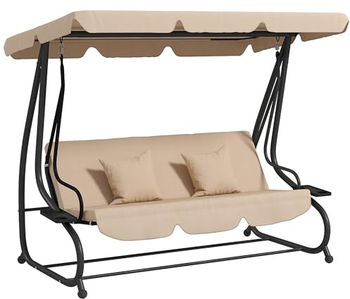 Outsunny 2 in 1 Hollywoodschaukel mit Liegefunktion 3-Sitzer Gartenschaukel mit Sonnendach, Getränkehalter Kissen Schaukelbank belast bis 340kg, Gartenliege für Garten, Terrasse, 200x120x164 cm, Braun