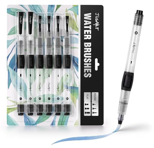 JusArt Water Brush Pens 6-Pack Leak-Proof Refillable Watercolor Pens for Acrylic and Gouache Painting - Includes Pointed & Flat Tip Styles - Portable Water Brushes for Artists, Beginners, Adults