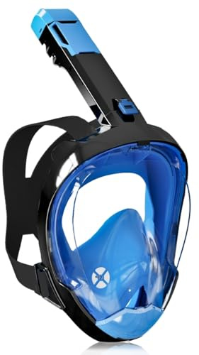 Riebex Tauchmaske Erwachsene Vollmaske mit 180°Vollgesichtsmaske HD-Antibeschlag CO2-Sicher mit Aufbewahrungstasche - Schnorchelmaske (Blau, S/M)