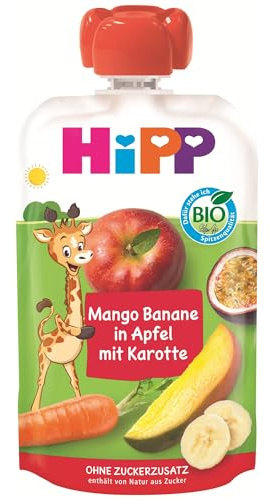 HiPP Bio Quetschie Mango-Banane in Apfel mit Karotte (8 x 100g), ab 1 Jahr, Frucht- und Gemüsepüree, ohne Zuckerzusatz, vegan, in bester Bio-Qualität
