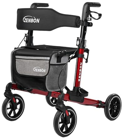 Deambulatore per Anziani in Alluminio: Rollator Pieghevole e Leggero con Seduta - Rollator da Interno 4 Ruote Rollator Leggero e Pieghevole Speciale con Schienale e porta Bastone da Passeggio (Rosso)