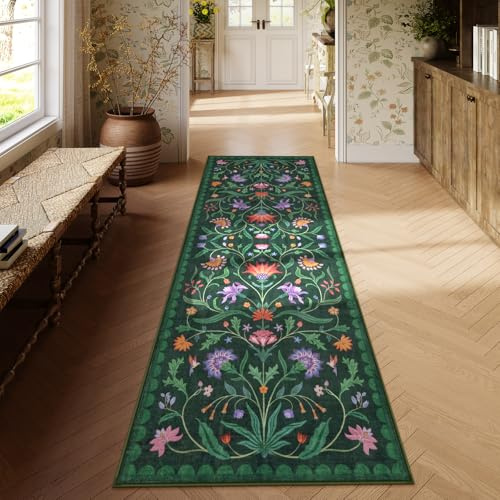 Lahome Läufer mit Boho-Blumenmuster, waschbar, für Flur, Küche, Teppich, rutschfest, ultradünn, weich, für Schlafzimmer, Waschküche, 70 x 200 cm, Waldgrün, 70 x 200 cm