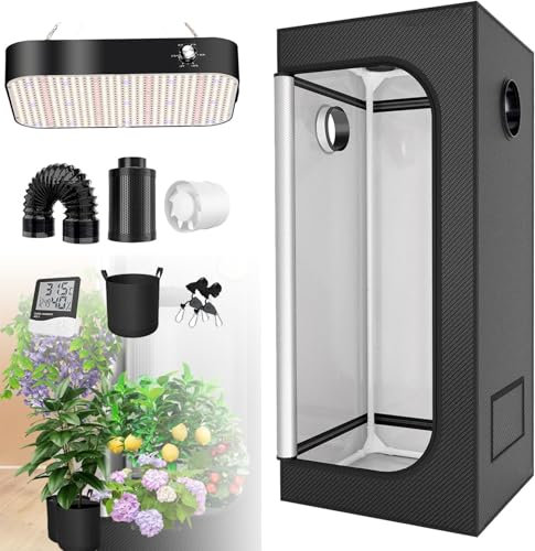 Growzelt-Set, Indoor-Growzelt komplett mit LED-Growlicht Vollspektrum mit Timer, Bodenwanne und Hygrometer, 600D Oxford-Stoff, für Küche, Pflanzen und Gemüse,100x100x200cm