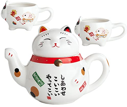 MAGICLULU Thé Céramique Service à Thé Maneki Neko avec Théière et Deux Tasses pour Voyage et Maison Céramique de Qualité