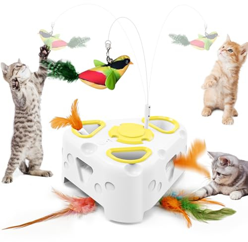 Giochi Interattivi per Gatti, 3 in 1 Giocattolo Elettrico per Gatti con Gioco Schiaccia il Topo a 6 Fori, Giocattolo Uccello Volante, Piuma Rotante, Ricaricabile Tramite USB, 6 Accessori con Piume