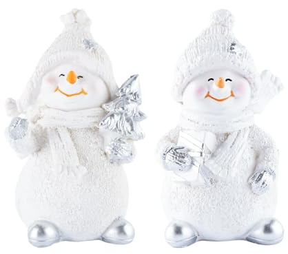 Brizoria Snowman Figurines Set of 2 White Resin Christmas Decorations with Silver Accents Winter Mantel Decor and Holiday Centerpieces for Table Home Indoor Tiered Tray Room Display