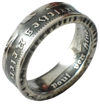 Generisch Münzring 5 Reichsmark 1935-1936 Hindenburg, original Münze Silber 900 im Vintage Finish + Schmuckbeutel - Silberring Handgefertigt in Deutschland, Herren Ring Damen