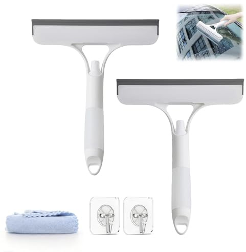 3 in 1 Window Cleaning Scraper,2 Pack Squeegee and Scrubber with Spray | All-Purpose Window Cleaner Tool with Hooks and cloth for Walls Car Bathrooms Kitchens