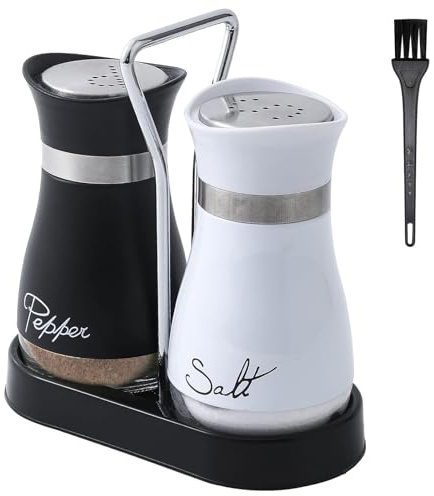 2 Stück Salz und Pfefferstreuer Set - 120 ml Pfeffer und Salzstreuer mit Halterung und Bürste, Edelstahl mit Glas, Schwarz-Weiß Design für Gewürzstreuer/Gewürzdosen für Küche, Haushalt, Grill, BBQ