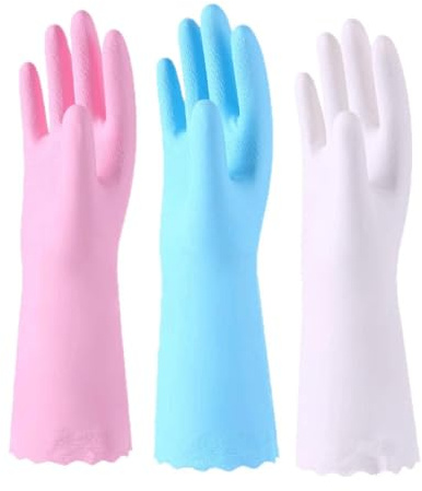 Flosfjylo 3 Pack Reusable Cleaning Gloves, Latex Free, with Cotton Flock Liner and Embossed Palm for Dishwashing and Household Chores