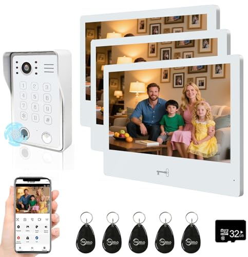 ANJIELO SMART 10 Inch Monitor 1080P HD Video Door Phone Kit, Wired Apartment Intercom System with Motion Detection & 5-in-1 Unlocking for Home and Villa Security (1 doorbell + 3 monitor)