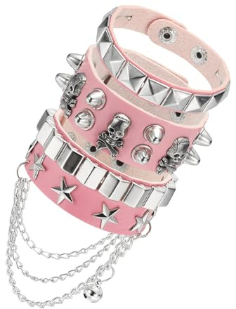 sourcing map 3Pcs Rock Punk Studded Leather Bracelet Set, 8.7/22cm Goth Spiked Cuff Wristband Adjustable Bracelets for Halloween Party Favors Emo Grunge Accessories, Pink