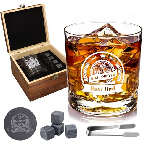 WenYa Father's Day Whiskey Gift Sets, Best Dad Whisky Glass Stones Gift Set | Engraved Tumbler with Granite Chilling Stones, Coaster Tongs in Wooden Box for Father's Day Birthday Gift Halloween Christmas