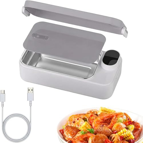 PEAMOO Heated Lunch Box, 1 L Electric Lunch Box with 7200mAh Rechargeable Battery, Stainless Steel Container, Portable Food Heater for Car Truck Office Home (Gray)