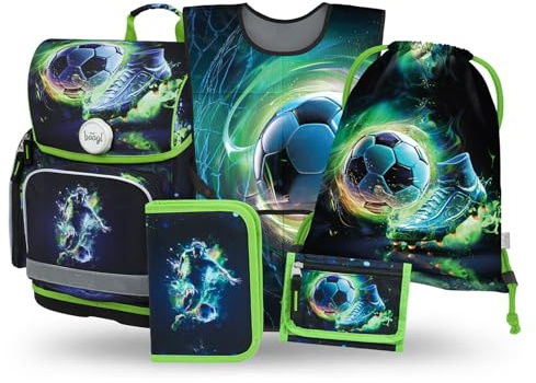 Baagl Schulranzen Jungen Set 5 Teilig Ergonomischer 19 l - Football Player | Schultasche für Grundschule Ranzen und Schulrucksack für 1 Klasse bietet Federmäppchen, Brustbeutel und Kinderschürze.