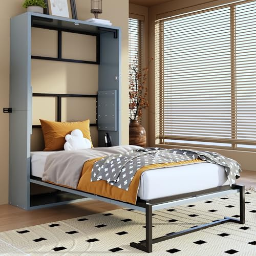 YuQozii Cama Murphy, cama plegable de pared con marco de metal, cama plegable de 90 x 200 cm, combinación de marco de metal y tablero de madera, con fijación a la pared con bloqueo, resistente y