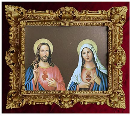 Lnxp GEMÄLDE Sacro Cuore DI GESU Maria och Jesus ikoner helgebild med ram antik barockram 45 x 38 cm