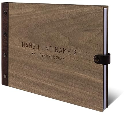 Personalisiertes Hochzeit Gästebuch echtes Holz DIN A4 Hochzeitsbuch mit Lasergravur - Schlicht - mit 72 Blatt / 144 Seiten Naturpapier Weiß