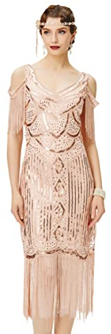 BABEYOND Womens 1920s Flapper Dress Vintage Long Fringe Dress Roaring 20s Sequins Beaded Dress Rosegold