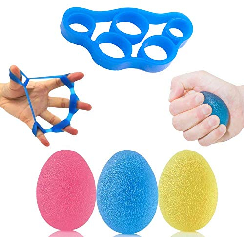 DAIRF Handtrainer& Fingertrainer Kit, Eiförmige Griffbälle 3 PCS +1 Fingertrainer Trainingsgerä zur Kräftigung von Hand und Finger Druckentlastung und Rehabilitation und Dekompression