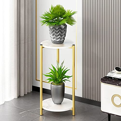 Menaka Tall Plant Rack Flower Stand Round 2 Tiers, Corner Small Coffee Table Sofa Side Table with Storage Shelf, Little White Marble Table Golden Metal Frame End Table Tea Snack Table