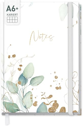 Cuaderno de notas a cuadros A6+ con banda elástica «Hoja de oro» de paper&you