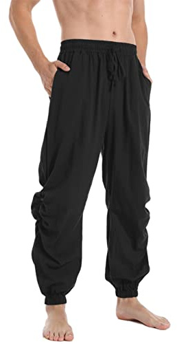 PACEIADTA Mens Cotton Linen Drawstring Pants Elastic Waist Casual Jogger Yoga Pants (40, Black)
