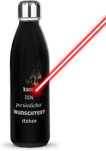Trinkflasche mit Gravur selbst gestalten - mit Name / Text gravieren - Glasflasche, Wasserflasche BPA-frei, Camping, Schule, Sport I Personalisiertes Geschenk, Lasergravur, 650 ml, schwarz