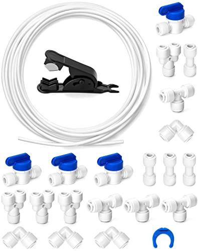 QWORK® 10m 6.35mm(1/4) Wasserzulaufleitung Universal Anschluss-Set, (Y + T + I + L Typ Combo + Absperrventil) mit Schlauchcutter, Geeignet für die meisten Gefriergeräten