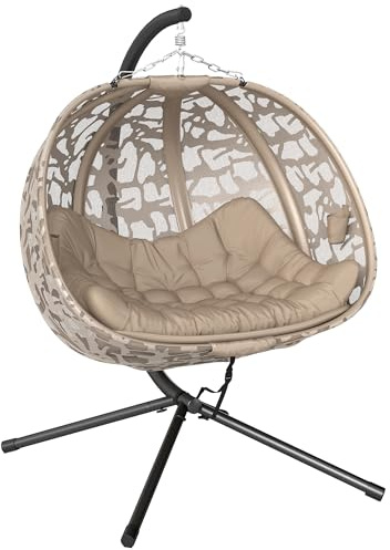 Outsunny hängfåtölj, 2-sitsers hängstol med kuddar, hängande gunga med klappbar sitskorg, sidofickor för inomhus, utomhus, kan belastas upp till 240 kg, polyester+stål, sand