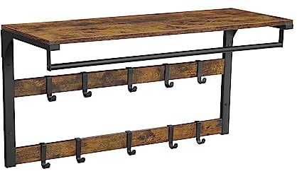 VASAGLE Perchero de Pared, Perchero Colgante con 10 Ganchos Extraíbles, Doble Fila de Ganchos y Barra de Colgar, para Pasillo, Dormitorio, Baño, Marrón Rústico y Negro LCR201B01